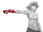  00s 1girl arcueid_brunestud blood blood_on_face bloody_clothes bloody_hands face hands monochrome outstretched_arm short_hair solo spot_color sweater tsukihime yanagi_(tsukiakari) yellow_eyes 