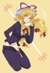  1girl alternate_costume bad_id blonde_hair bow breasts chin_rest chita cleavage closed_fan contemporary denim fan female folding_fan hair_bow hat jeans long_hair looking_at_viewer midriff navel open_mouth pants ribbon smile solo touhou translation_request violet_eyes yakumo_yukari 
