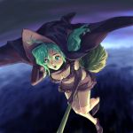  1girl breasts broom broom_riding cleavage final_fantasy final_fantasy_vi green_hair large_breasts outdoors sky solo tina_branford witch 
