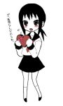  1girl :o artist_request black_hair black_skirt blush chibi chocolate collarbone heart heart-shaped_box holding kaga_ai long_sleeves looking_at_viewer monochrome open_mouth ponytail red_eyes sayonara_zetsubou_sensei sidelocks skirt solo swimsuit tareme white_swimsuit 