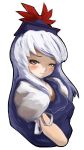  1girl ;) blush closed_mouth female hat hetareya kamishirasawa_keine laboto long_hair looking_at_viewer looking_to_the_side one_eye_closed puffy_short_sleeves puffy_sleeves short_sleeves simple_background smile solo touhou upper_body white_hair 