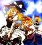 2girls alice_margatroid blonde_hair book broom broom_riding clouds dada dada_(dolce) female hat kirisame_marisa lens_flare multiple_girls shanghai_doll sky touhou witch witch_hat 