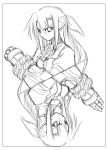  1girl clenched_hand closed_mouth dress expressionless gauntlets ginga_nakajima long_hair long_sleeves looking_at_viewer lyrical_nanoha mahou_shoujo_lyrical_nanoha mahou_shoujo_lyrical_nanoha_strikers monochrome revolver_knuckle sketch symmetry uka uniform upper_body very_long_hair 