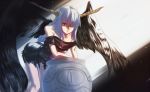  1girl bent_over blue_hair hair_over_one_eye hijiri horns jar light long_hair off_shoulder pantyhose porori red_eyes solo torn_clothes wings 