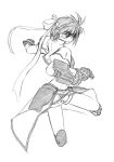  1girl cropped_legs dress fighting_stance gauntlets headband lyrical_nanoha mahou_shoujo_lyrical_nanoha mahou_shoujo_lyrical_nanoha_strikers monochrome outstretched_arm revolver_knuckle short_hair simple_background sketch solo spread_legs standing subaru_nakajima uka white_background 