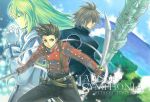  1girl 2boys blonde_hair brown_eyes brown_hair closed_eyes collet_brunel copyright_name gloves ichimura_hitoshi kratos_aurion lloyd_irving long_hair multiple_boys red_shirt scan shirt sword tales_of_(series) tales_of_symphonia weapon 