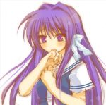  1girl :p blush clannad fujibayashi_kyou hair_ribbon licking long_hair lowres pokopi purple_hair ribbon sailor_collar school_uniform serafuku short_sleeves sidelocks simple_background solo tears tongue tongue_out upper_body very_long_hair violet_eyes white_background white_ribbon 