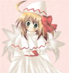  1girl ahoge blonde_hair blush capelet cowboy_shot dress eternity_moon female frills green_eyes hat lily_white orimoto_asami pink_background short_hair simple_background solo tareme tate_eboshi touhou white_dress wide-eyed 