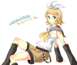  blonde_hair detached_sleeves footwear green_eyes hairband haru_(fiction) kagamine_rin kneehighs midriff short_hair shorts socks vocaloid 