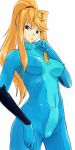  1girl blonde_hair blue_eyes bodysuit breasts erect_nipples highres latex long_hair metroid michael nintendo ponytail puffy_nipples samus_aran simple_background skin_tight solo zero_suit 