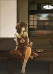  1girl :t bad_id detached_sleeves eating female food hakurei_reimu kamin kuro_(catcap) sitting socks solo tatami touhou veranda 
