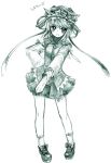  1girl blush bow female foreshortening frown graphite_(medium) hand_on_hip hat loafers looking_at_viewer monochrome open_mouth pigeon-toed pointing ribbon rod_of_remorse shiki_eiki shoes short_hair skirt socks solo standing touhou traditional_media usa_(artist) usaki_(ama) 