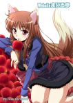  animal_ears apple brown_hair food fruit holo izumi_mahiru long_hair mouth_hold red_eyes spice_and_wolf tail wolf_ears 