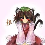  1girl aiba_kinoko_(aozora) animal_ears blush brown_hair cat_ears cat_tail chen earrings female gradient gradient_background hat jewelry multiple_tails red_eyes short_hair smile solo tail touhou 