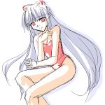  1girl bare_legs bare_shoulders bow breasts cleavage competition_swimsuit eyebrows eyebrows_visible_through_hair female fujiwara_no_mokou groin hand_on_own_chest long_hair looking_back one-piece_swimsuit red_eyes silver_hair simple_background sitting small_breasts solo swimsuit thighs touhou very_long_hair white_background white_hair 