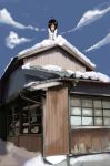  1girl ahoge bad_id cold house original rooftop shiromiso sky snow solo window 