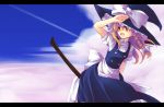  1girl apron blonde_hair blue_sky bow braid broom clouds condensation_trail female frills hat kirisame_marisa letterboxed long_hair single_braid skirt sky solo touhou witch_hat yellow_eyes 