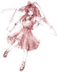 1girl bow female gohei graphite_(medium) hair_bow hakurei_reimu hands japanese_clothes long_hair mary_janes miko monochrome one_eye_closed shoes simple_background smile solo touhou traditional_media usa_(artist) usaki_(ama) wide_sleeves 