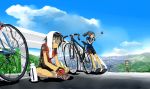  2girls 3girls bicycle bike_shorts city cityscape clothes_writing clouds keisan legs mountain multiple_girls original outdoors ponytail railing road sky sports_gear sportswear sweat towel 