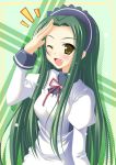  apron blush green_hair long_hair open_mouth skywaker suzumiya_haruhi_no_yuuutsu tsuruya very_long_hair wink yellow_eyes 