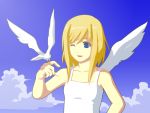  1girl angel bird bird_on_hand blonde_hair blue_eyes kagi wings 