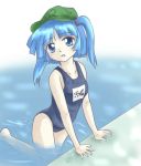  1girl blue_eyes blue_hair clothes_writing female hat kawashiro_nitori lowres name_tag one-piece_swimsuit school_swimsuit short_hair solo swimsuit touhou twintails 