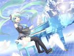  1girl aqua_hair aqua_nails bird grand_piano hatsune_miku headset instrument k2pudding md5_mismatch nail_polish necktie panties piano piano_bench skirt sky solo striped striped_panties thigh-highs underwear vocaloid 