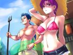  1boy 1girl bad_id bazett_fraga_mcremitz bikini bikini_top blue_hair breasts cigarette cleavage clenched_teeth denim denim_shorts earrings fate/hollow_ataraxia fate/stay_night fate_(series) female_swimwear hat innertube jewelry lancer large_breasts long_hair male_swimwear mole pitchfork ponytail purple_hair short_hair shorts straw_hat swim_trunks swimsuit teeth violet_eyes yurikawa 