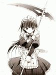  1girl apron bad_id female maid maid_apron monochrome moonsorrow original scythe simple_background solo 