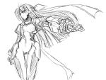  1girl arm_at_side bodysuit floating_hair gauntlets ginga_nakajima long_hair lyrical_nanoha mahou_shoujo_lyrical_nanoha mahou_shoujo_lyrical_nanoha_strikers monochrome outstretched_arm revolver_knuckle sketch skin_tight solo standing thigh_gap uka very_long_hair wide_hips wind 