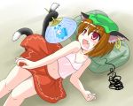  1girl animal_ears brown_hair cat_ears cat_tail chen cirno des earrings fan fang female gradient gradient_background hat jewelry lying multiple_tails navel paper_fan red_eyes short_hair skirt solo squiggle tail tail_hold touhou uchiwa 