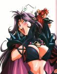  2girls 90s araizumi_rui breasts cleavage gloves highres jewelry large_breasts laughing lina_inverse long_hair midriff multiple_girls naga_the_serpent necklace ojou-sama_pose purple_hair slayers spikes spoon 