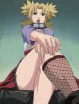  1girl blonde_hair fishnets legs legs_crossed miniskirt naruto quad_tails screencap sitting skirt solo stitched temari thighs 