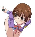  1girl bent_over blush bottomless bow brown_eyes brown_hair camera cellphone exploration glasses looking_back lowres maruto! masuko_mika phone precure self_shot short_hair simple_background solo yes!_precure_5 