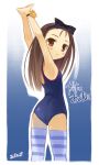  flat_chest idolmaster looking_back minase_iori noripachi one-piece_swimsuit school_swimsuit stretch striped striped_legwear swimsuit thigh-highs wristband 