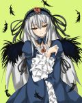  00s 1girl black_dress black_wings brooch dress feathers frilled_sleeves frills gem hairband jewelry lolita_hairband long_hair long_sleeves looking_at_viewer pink_eyes rozen_maiden shingetsu_takehito silver_hair simple_background solo suigintou very_long_hair wings yellow_background 