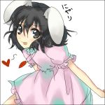  1girl :p closed_mouth dress female inaba_tewi looking_at_viewer pink_dress puffy_short_sleeves puffy_sleeves shingetsu_takehito short_sleeves simple_background smile solo tongue tongue_out touhou white_background 