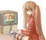  1girl book brown_hair character_request game_console glasses konami long_hair lowres nintendo on_floor original original_character playing_games sitting solo striped striped_legwear super_famicom super_nintendo television thigh-highs tokimeki_memorial twintails very_long_hair video_game yuuryuu_nagare 