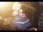  1girl alice_margatroid blonde_hair blue_eyes book_stack capelet chair doll dust female frills full_body holding indoors on_lap redhead shanghai_doll short_hair sitting size_difference solo sunlight tokiame touhou 