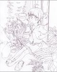  1girl ahoge blush bucket building dress full_body garden house long_sleeves looking_at_viewer monochrome original outdoors porch purple sasaki_toshiyuki short_hair single_shoe sitting slippers solo stairs 