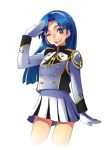  1girl ;d band_uniform blue_eyes blue_hair chan_co gloves grin hairband happy headband headset idolmaster kisaragi_chihaya long_hair one_eye_closed open_mouth pose salute skirt smile solo uniform wink 