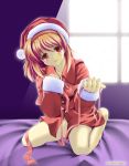  1girl bed blush bottomless brown_hair christmas hat kanon kneeling red_eyes red_skirt ribbon santa_costume santa_hat satou_takeshi skirt solo tsukimiya_ayu 