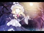  1girl bare_tree blonde_hair bow female frills from_below glowing hat kirisame_marisa letterboxed long_hair night one_eye_closed solo tokiame touhou tree witch_hat yellow_eyes 