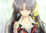  1girl bangs blush breasts cleavage collar collarbone formal hair_ribbon hinata_nonoka kurugaya_yuiko little_busters!! long_sleeves looking_at_viewer nonoka parted_bangs red_eyes ribbon silver_hair solo suit upper_body yellow_ribbon 