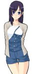  1girl black_hair blue_eyes cardigan original overalls solo unasaka_ryou 