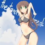  1girl :o armpits arms_up bare_shoulders bikini blue_sky brown_hair clouds criss-cross_halter day green_eyes halter_top halterneck looking_at_viewer midriff navel original parted_lips sky solo stomach suu_(artist) swimsuit 