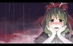 1girl crying crying_with_eyes_open female front_ponytail gothic_lolita green_eyes green_hair hair_ribbon hands_on_own_face kagiyama_hina letterboxed lolita_fashion open_mouth rain ribbon solo takuzui tears touhou 