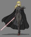  1girl blonde_hair cape cosplay crossover darth_vader energy_sword green_eyes gundam gundam_00 james_chung lightsaber louise_halevy no_headwear no_helmet parody prosthesis prosthetic_arm prosthetic_leg solo star_wars sword weapon 