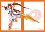  1girl :o ankle_boots boots border fingerless_gloves full_body gloves hair_ribbon jacket lance long_hair long_sleeves looking_at_viewer lyrical_nanoha magazine_(weapon) magic_circle magical_girl mahou_shoujo_lyrical_nanoha mahou_shoujo_lyrical_nanoha_strikers octagram open_clothes open_jacket open_mouth polearm raising_heart redhead ribbon simple_background solo spar takamachi_nanoha twintails uka very_long_hair violet_eyes weapon white_background white_devil white_ribbon 