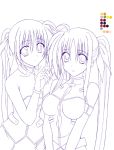  2girls armlet bare_shoulders blush bodysuit breasts cleavage fate_testarossa large_breasts looking_at_viewer lyrical_nanoha magical_girl mahou_shoujo_lyrical_nanoha mahou_shoujo_lyrical_nanoha_strikers monochrome multiple_girls own_hands_together purple sidelocks simple_background skin_tight takamachi_nanoha twintails white_background 